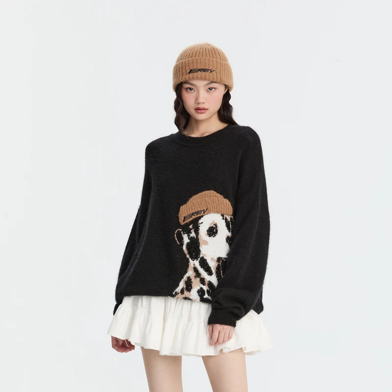 REVAN芮范冬季设计师款趣味狗狗绣花毛衣RL91103601