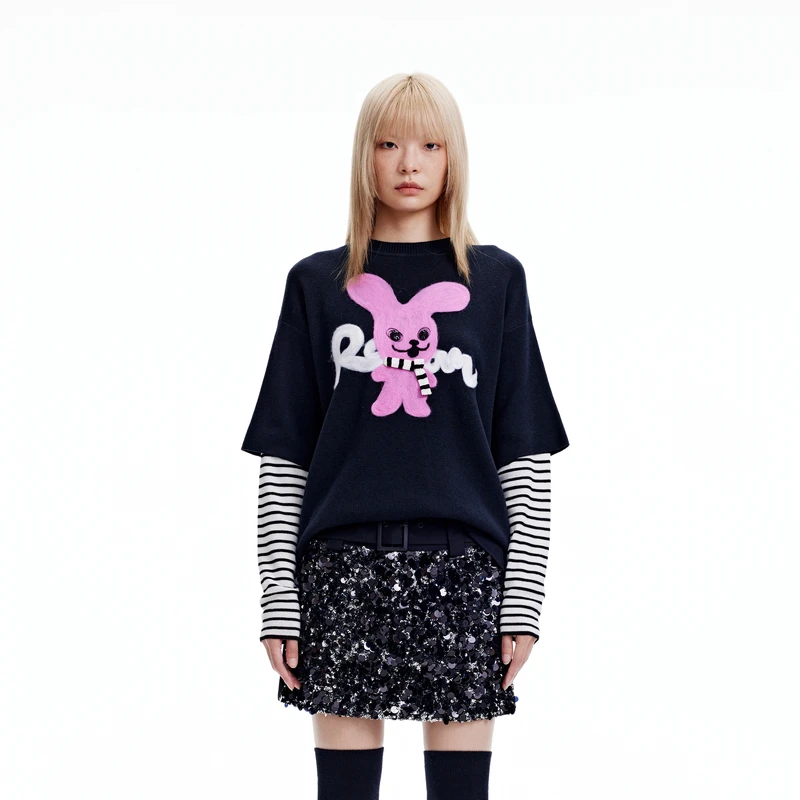 REVAN芮范2023冬季新品设计师款甜酷风果冻兔毛织T恤RN90601177