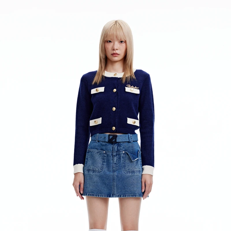 REVAN芮范2023冬季新品设计师款高级感藏青毛衣短开衫RN90106235