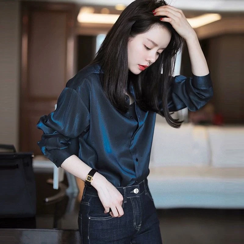 春季新款轻奢藏青色小立领长袖衬衫女设计感小众气质衬衣打底上衣