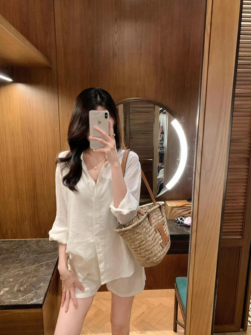 盐系轻熟套装女春夏港风休闲白色长袖防晒衬衫短裤两件套潮法式