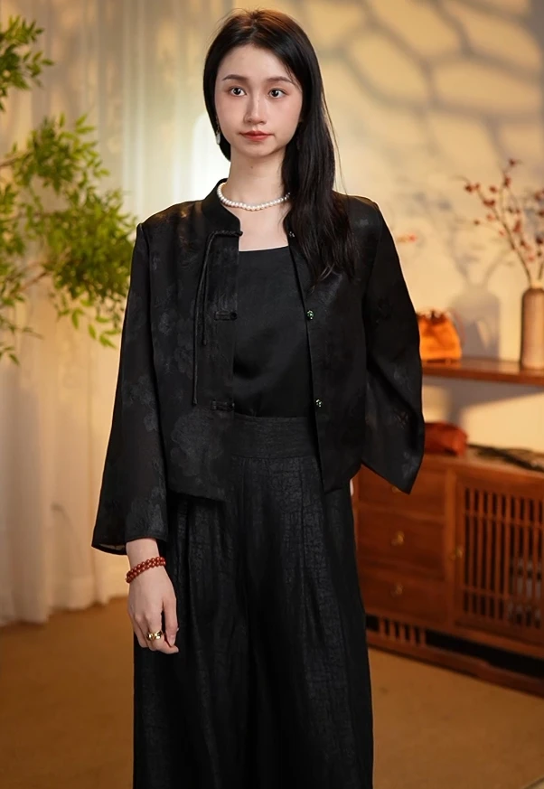 【如星】100%桑蚕丝气质新中式香云纱简约宽松日常经典百搭开衫