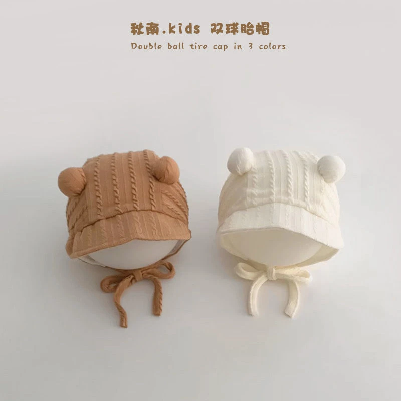 韩国婴儿帽子2024新款春秋ins新生儿可爱双球囱门胎帽宝宝套头帽