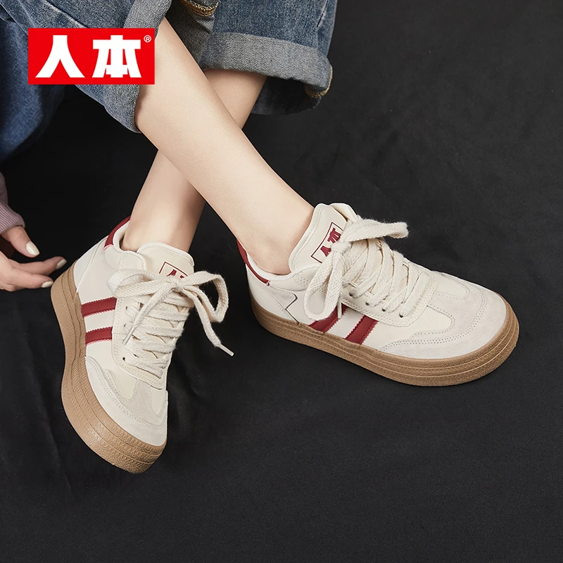 人本2024冬季新款加绒德训鞋休闲百搭显瘦帆布鞋加厚保暖耐磨鞋