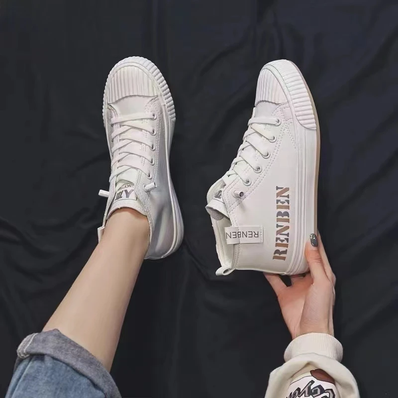 人本【春秋女款】皮面高帮鞋休闲运动板鞋饼干鞋百搭小白鞋时尚女