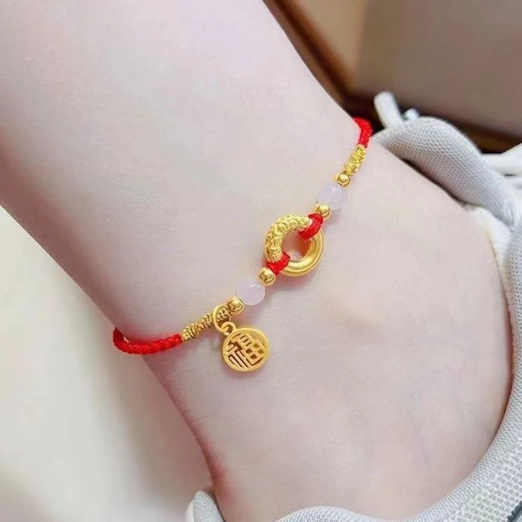合金布艺脚链 新中式配饰祥云脚链女中国风平安扣红绳链本命年