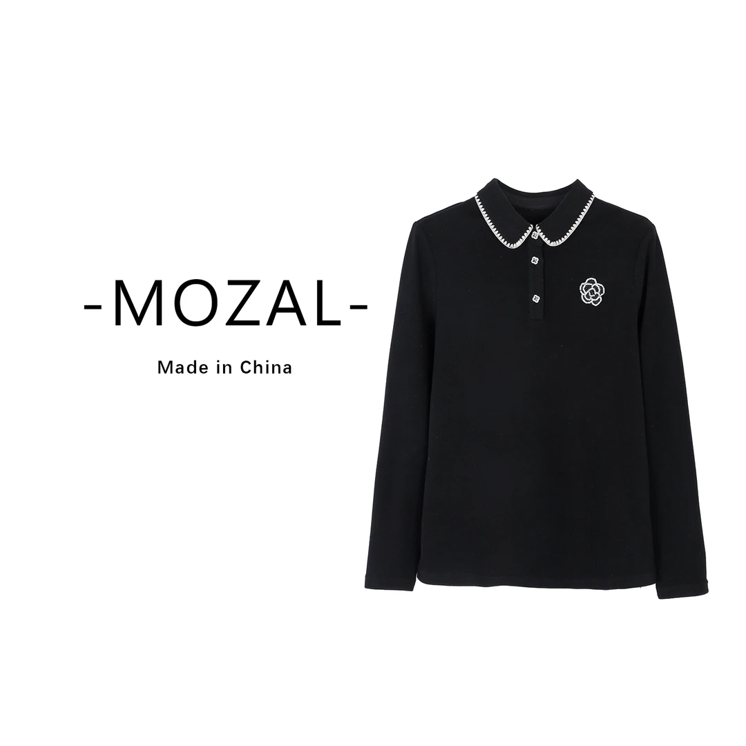 陌妆品牌新款翻领拼色绣花长袖简约上衣33783