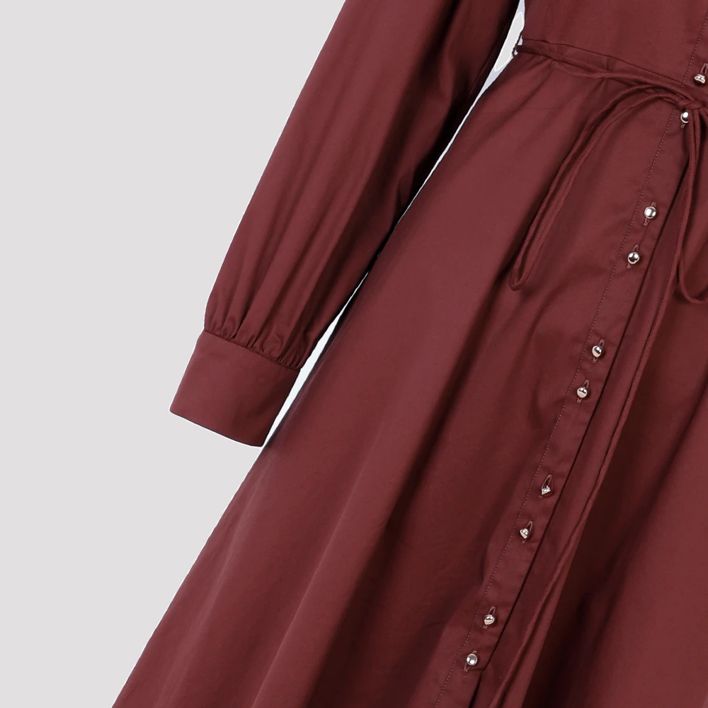 陌妆显瘦长裙秋季排扣长袖压褶轻奢时尚连衣裙女33950