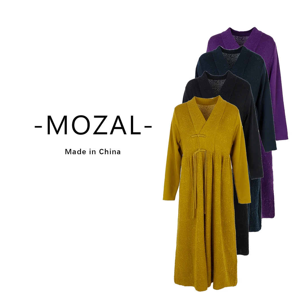 品牌新款纯色V领复古中式盘扣装饰中长款针织连衣裙33327