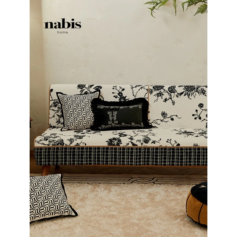 蜡笔派旷野玫瑰沙发垫法式风复古黑白沙发垫防滑四季通用坐垫定制