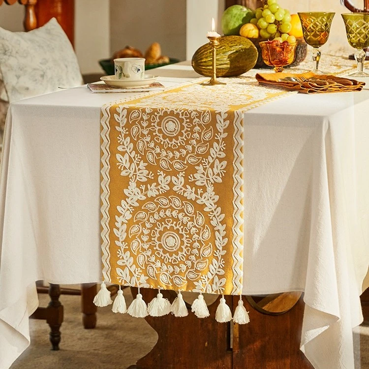 蜡笔派麦芒桌旗美式轻奢氛围感茶席桌旗斗柜盖布绣花茶几盖布