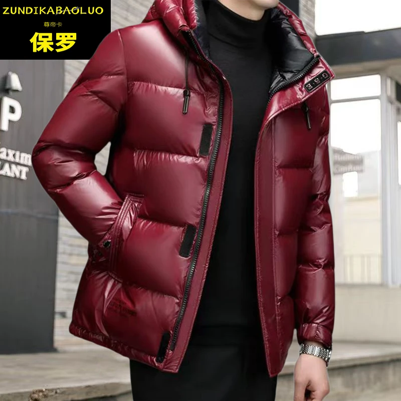 本命年红色加厚羽绒服男亮面免洗冬季新款时尚潮冬装连帽短款外套