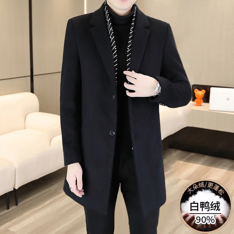 冬季毛呢大衣男士羽绒服韩版修身西装领风衣加厚90白鸭绒外套冬装