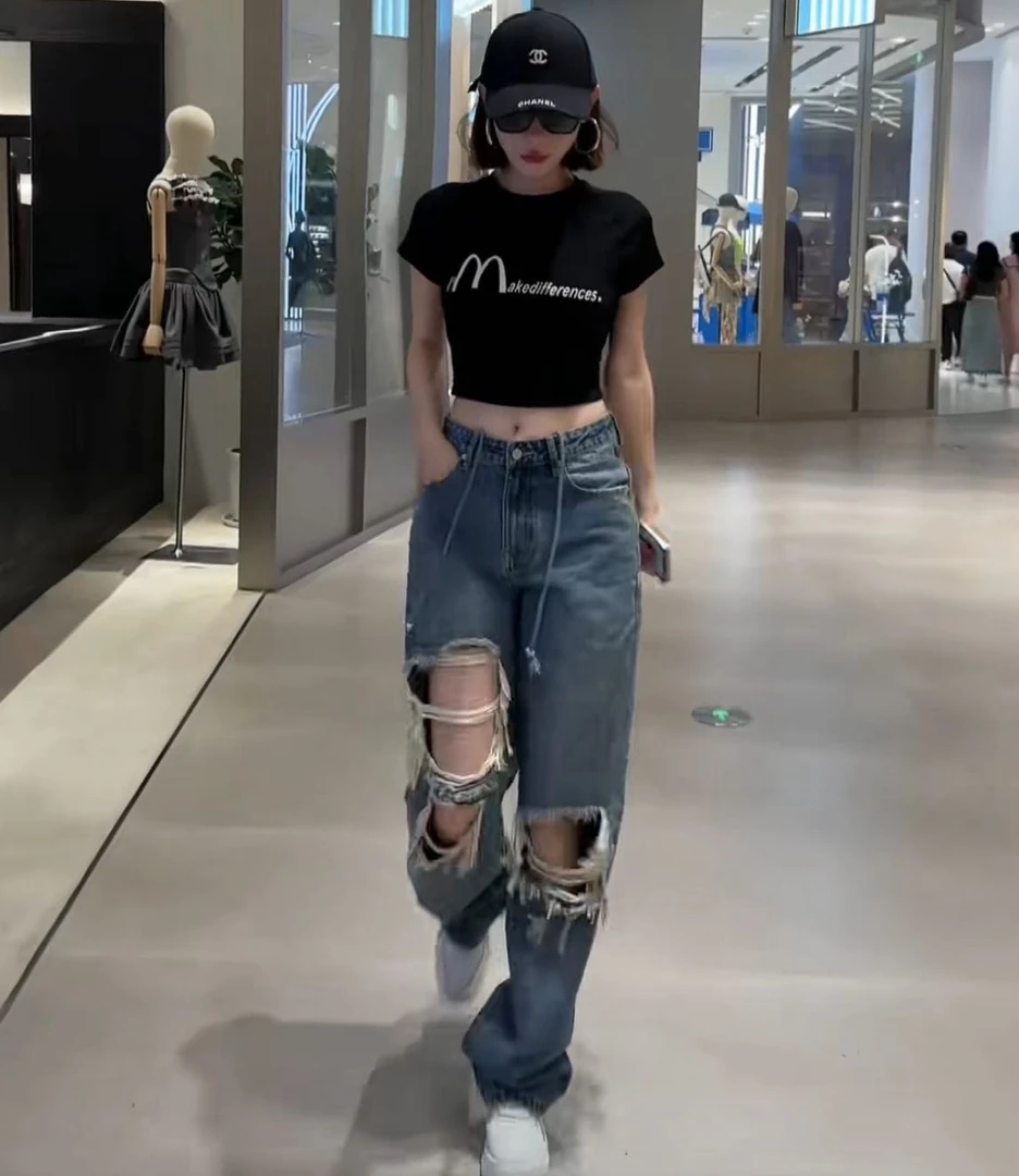 大鱼专属同款破洞牛仔库长裤秋季爆款裤子女