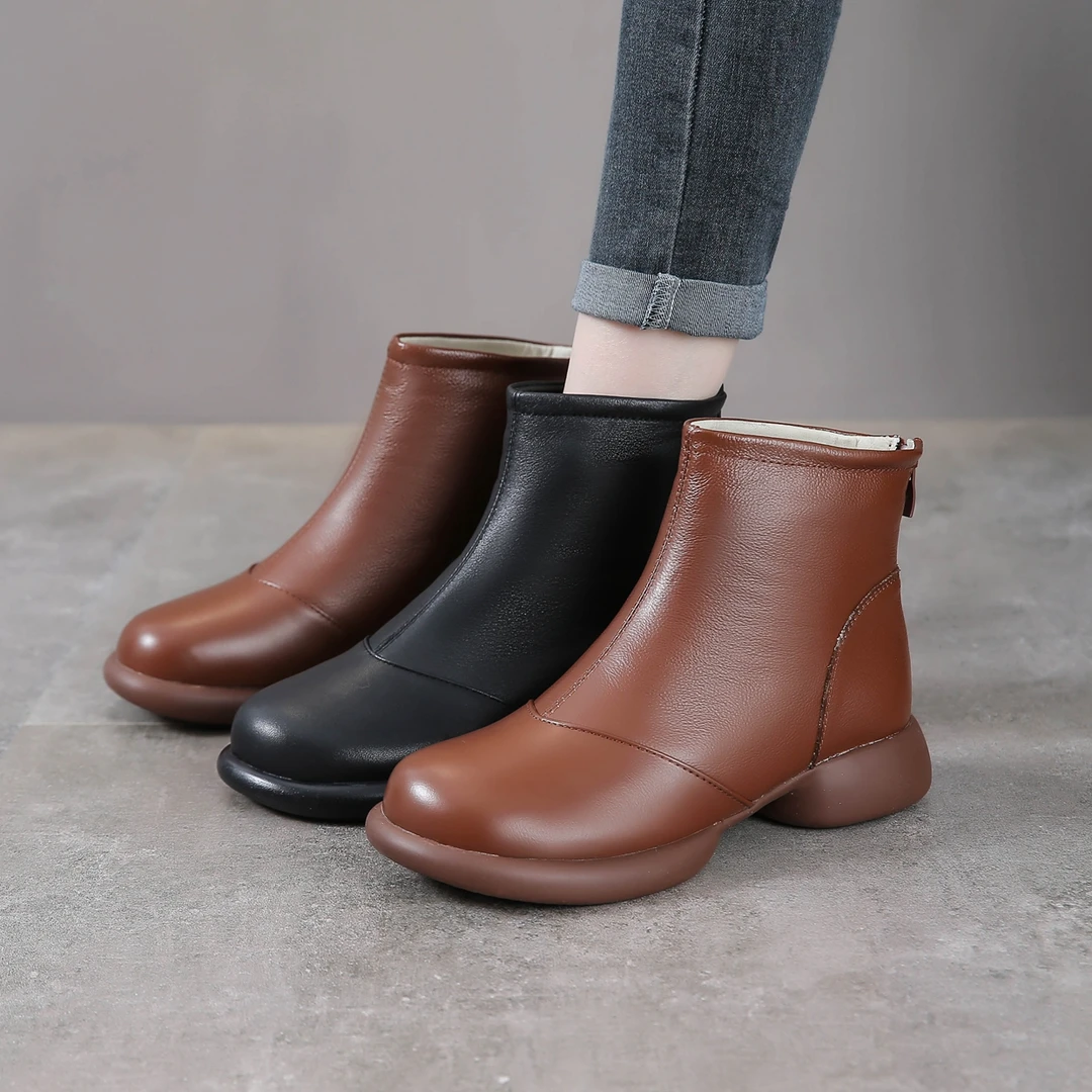 新款牛皮马丁靴时尚休闲百搭真皮粗跟加绒秋冬圆头时尚休闲百搭