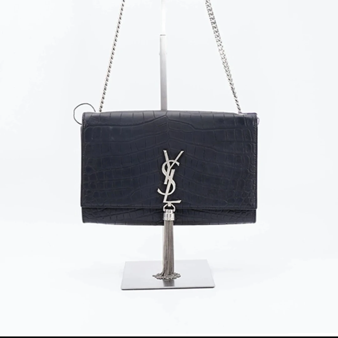99新 YSL/圣罗兰 小号黑银鳄压鱼纹单肩包/1031023