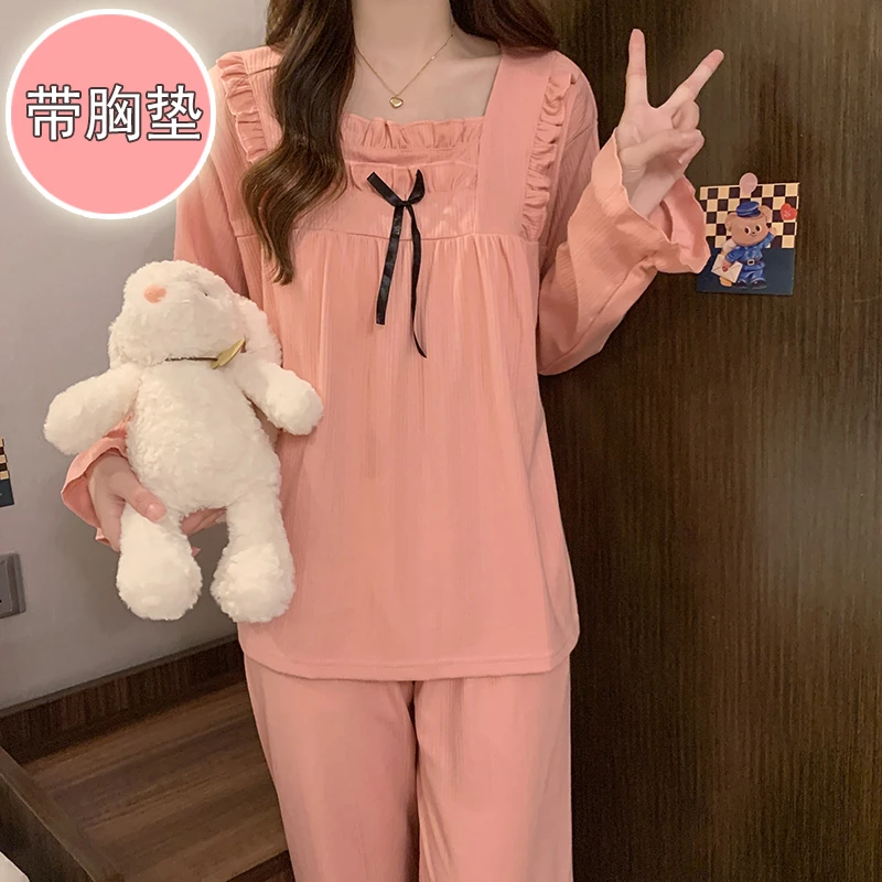 带胸垫睡衣女生秋冬季新款花边方领长袖长裤休闲舒适家居服两件套