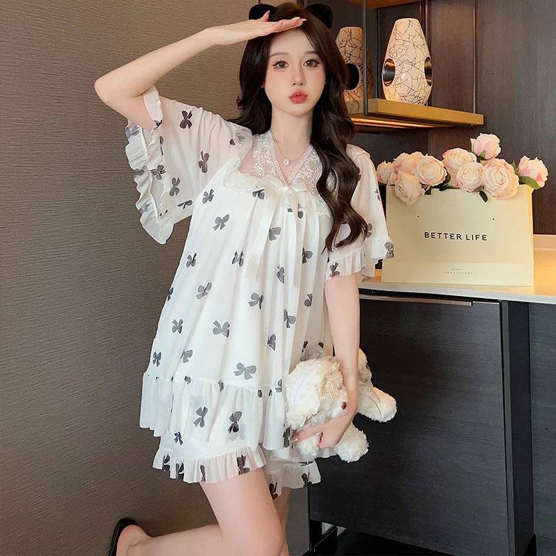 带胸垫睡衣女士夏季新款网纱短袖花边蕾丝韩系少女ins家居服套装