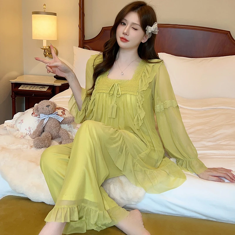 睡衣女士春秋季薄款长袖带胸垫蕾丝花边方领网纱法式宫廷风家居服