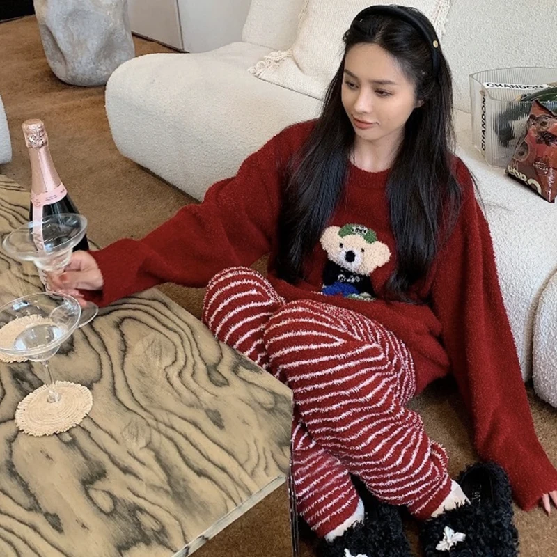 半边绒睡衣女两件套可爱卡通家居服套装可外穿秋冬季新款加厚保暖