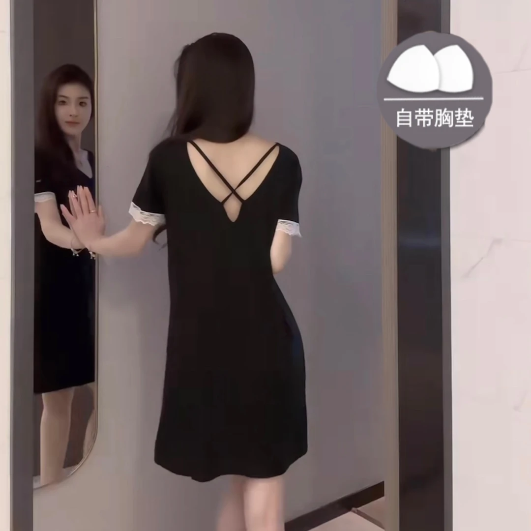 莫代尔带胸垫睡裙女新款夏季凉感薄款短袖性感美背大码家居服睡衣