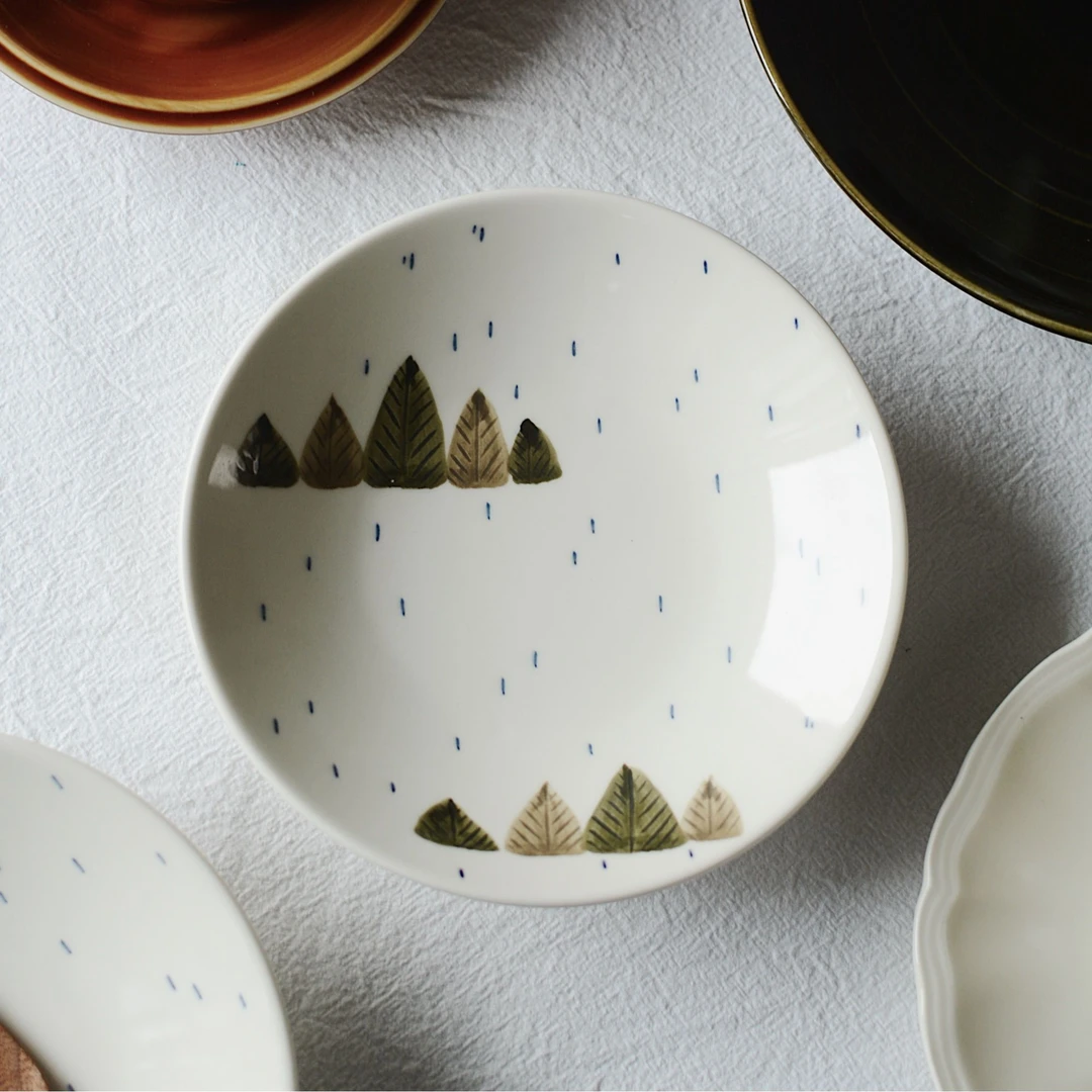 收集时光 Camus say雨天小树盘 手绘高足浅盘 陶瓷甜品盘 包邮