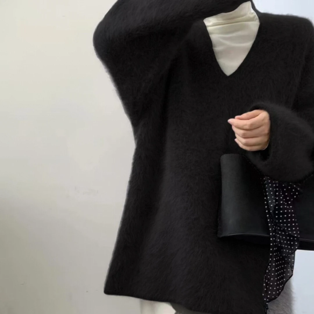【茉莉绒品】红人上新高比例动物毛 拉毛V领加厚套头毛衣