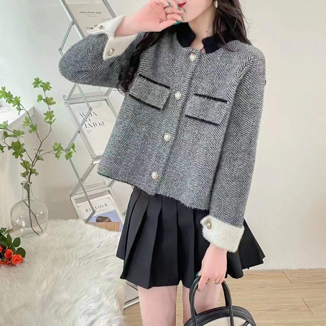 小香风外套女秋冬仿水貂针织开衫外套早春上衣新款毛衣开衫短外衣
