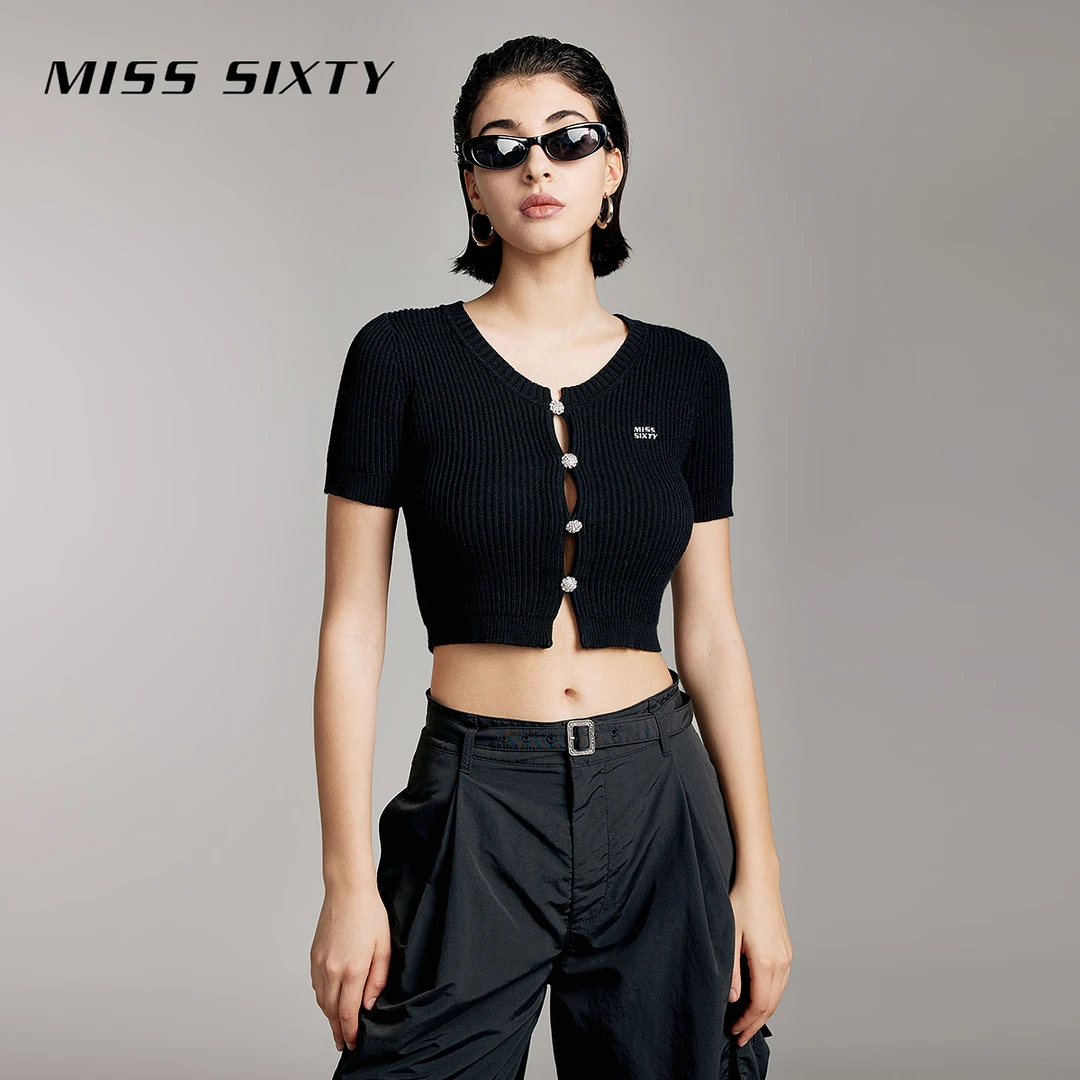 Miss Sixty春季新款针织衫女圆领钻饰短款修身显瘦辣妹风