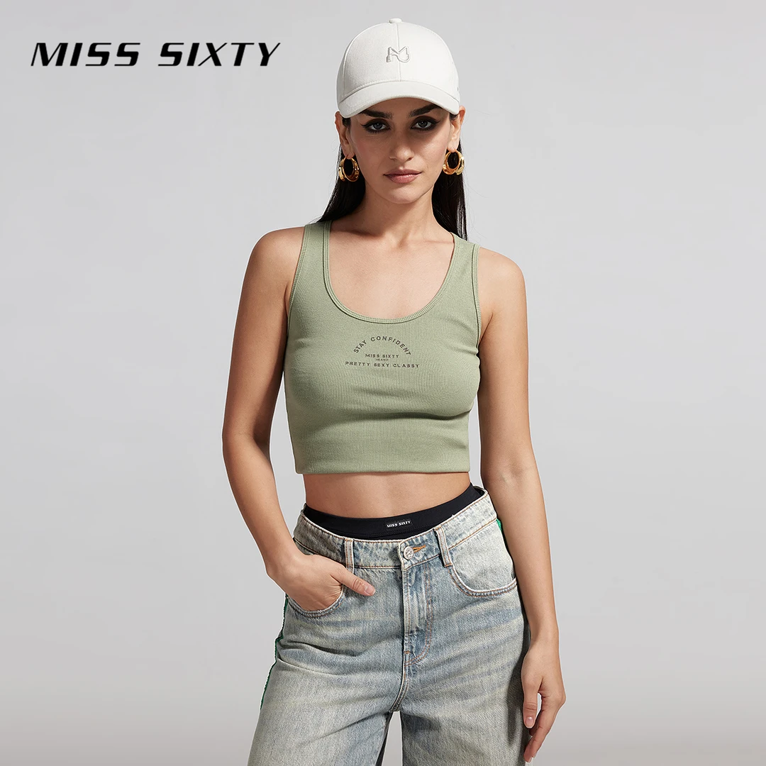 【达人专属】Miss Sixty夏新款无袖T恤U型领修身显瘦字母印花内搭