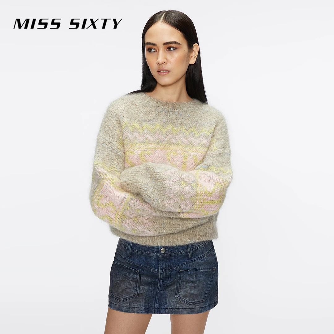 Miss Sixty冬季新款针织衫女圆领毛衣落肩复古慵懒费尔岛提花
