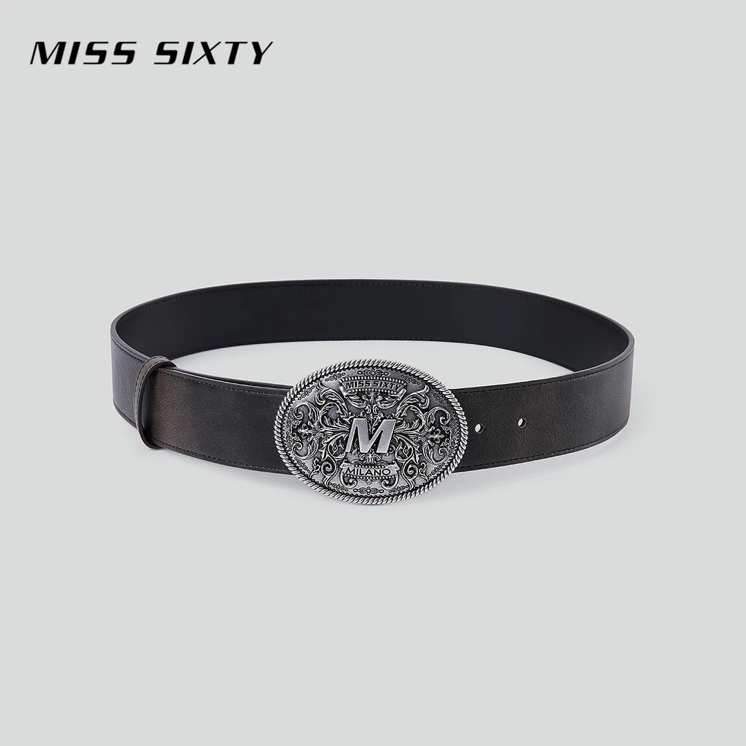 Miss Sixty秋季新款牛皮真皮腰带女高级浮雕感银色圆扣百搭