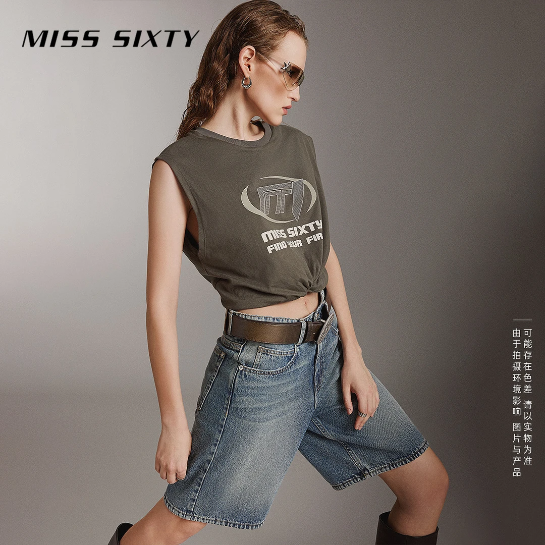 Miss Sixty秋季新款牛仔短裤女复古宽松高腰显瘦五分阔腿裤