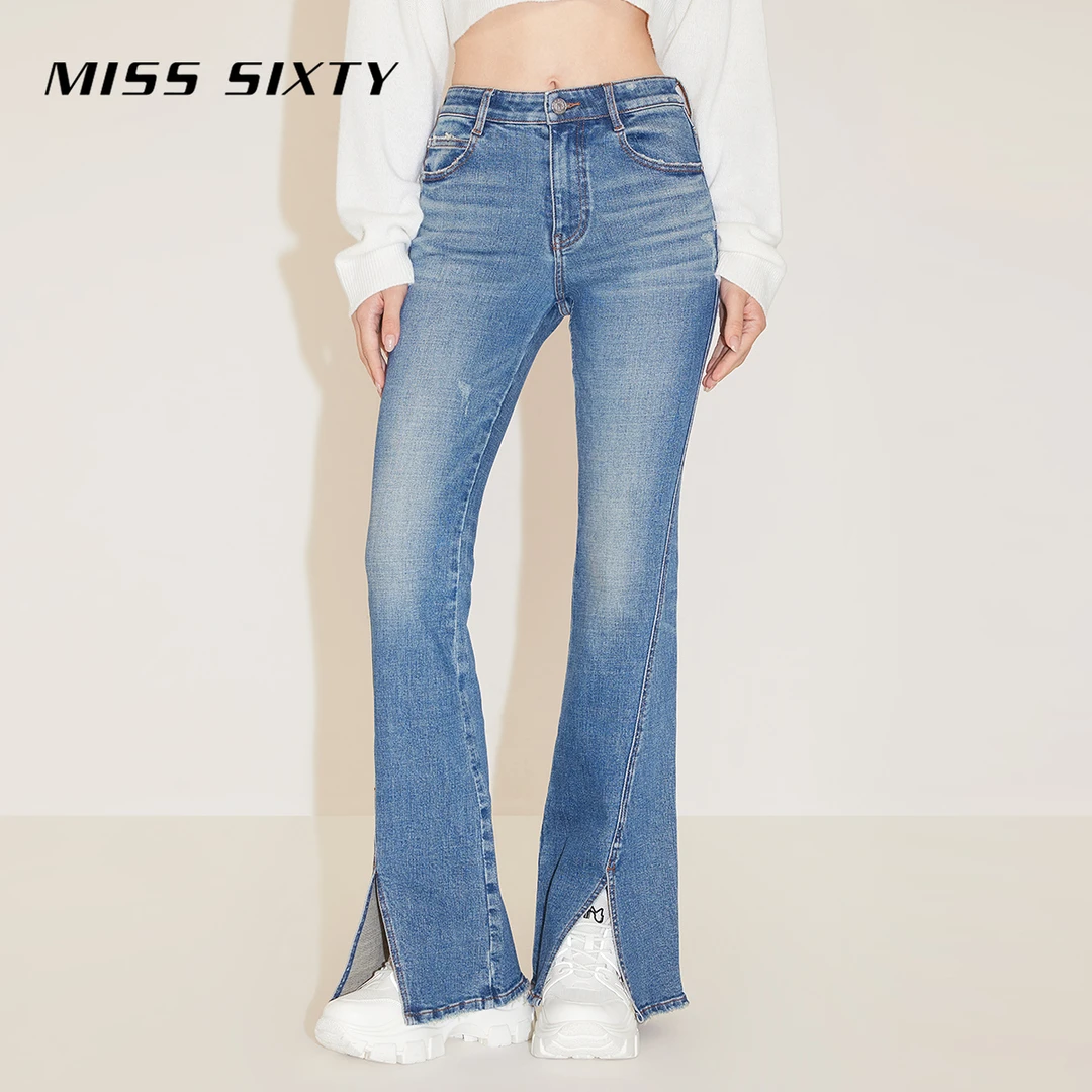 【贤哥专享】Miss Sixty新款牛仔裤女复古微喇开衩显瘦磨破百搭显瘦
