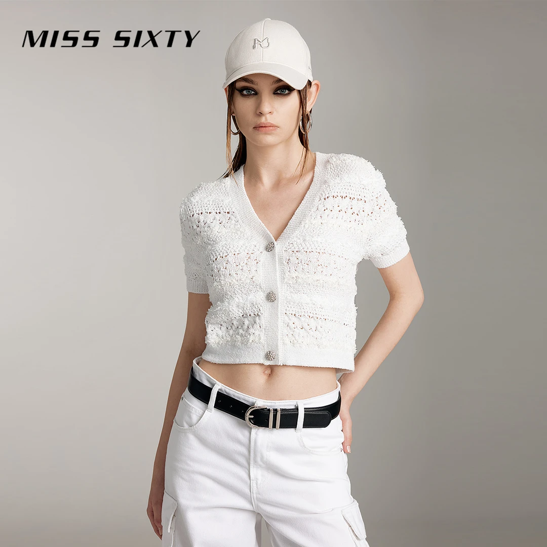 Miss Sixty夏季新款白色短袖针织衫女V领镂空钩花钻饰短上衣
