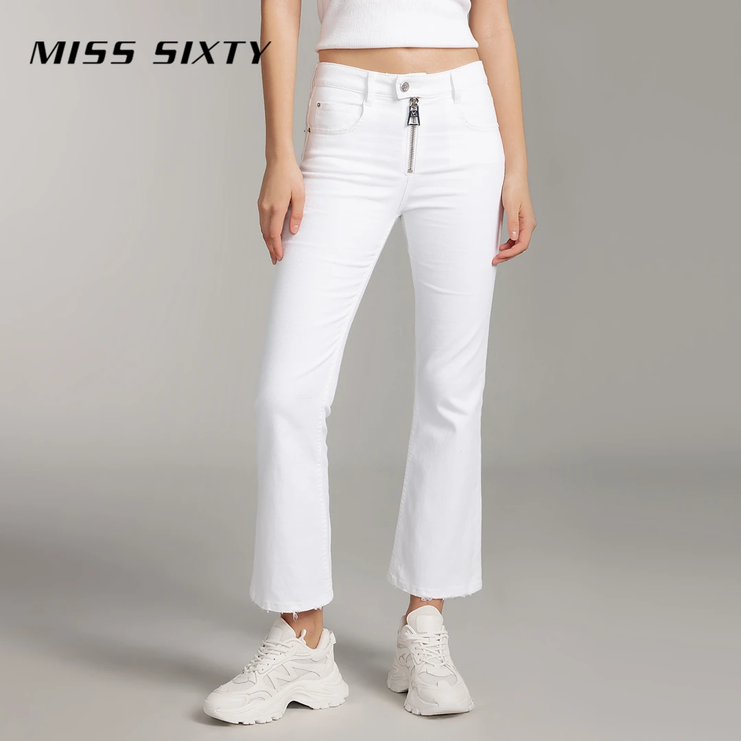 Miss Sixty夏季新款牛仔裤女白色复古拉链门襟设计高街微喇裤