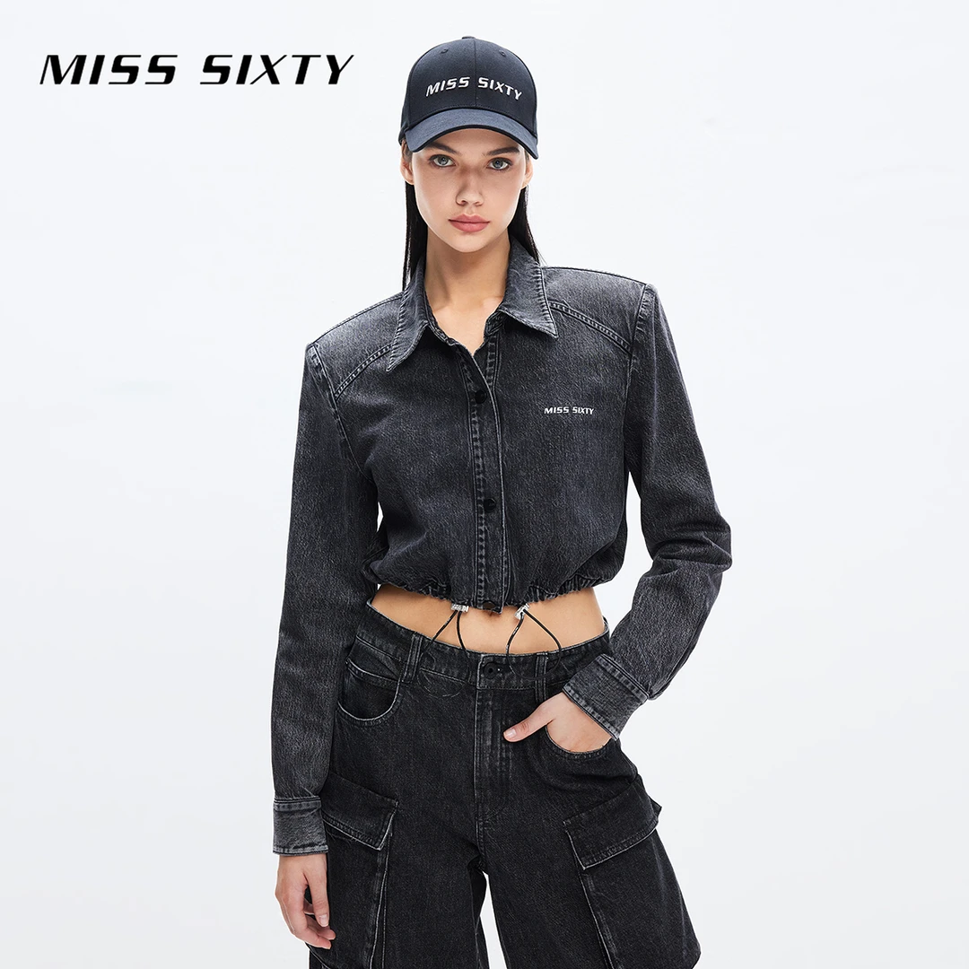 Miss Sixty秋季牛仔衬衫女polo领短款抽绳字母宽松复古