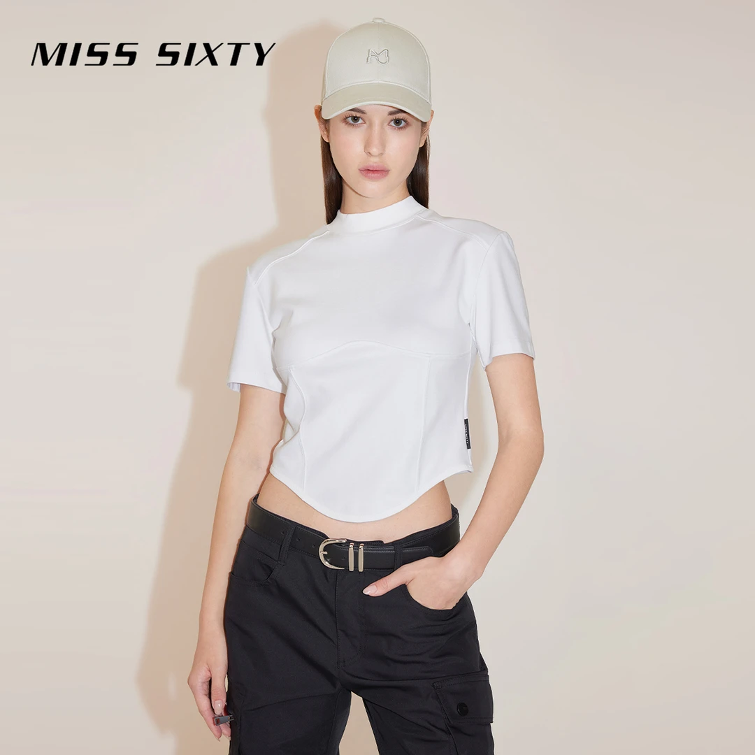 Miss Sixty春季新款短袖T恤女半高圆领鱼骨拼接纯色短款显瘦