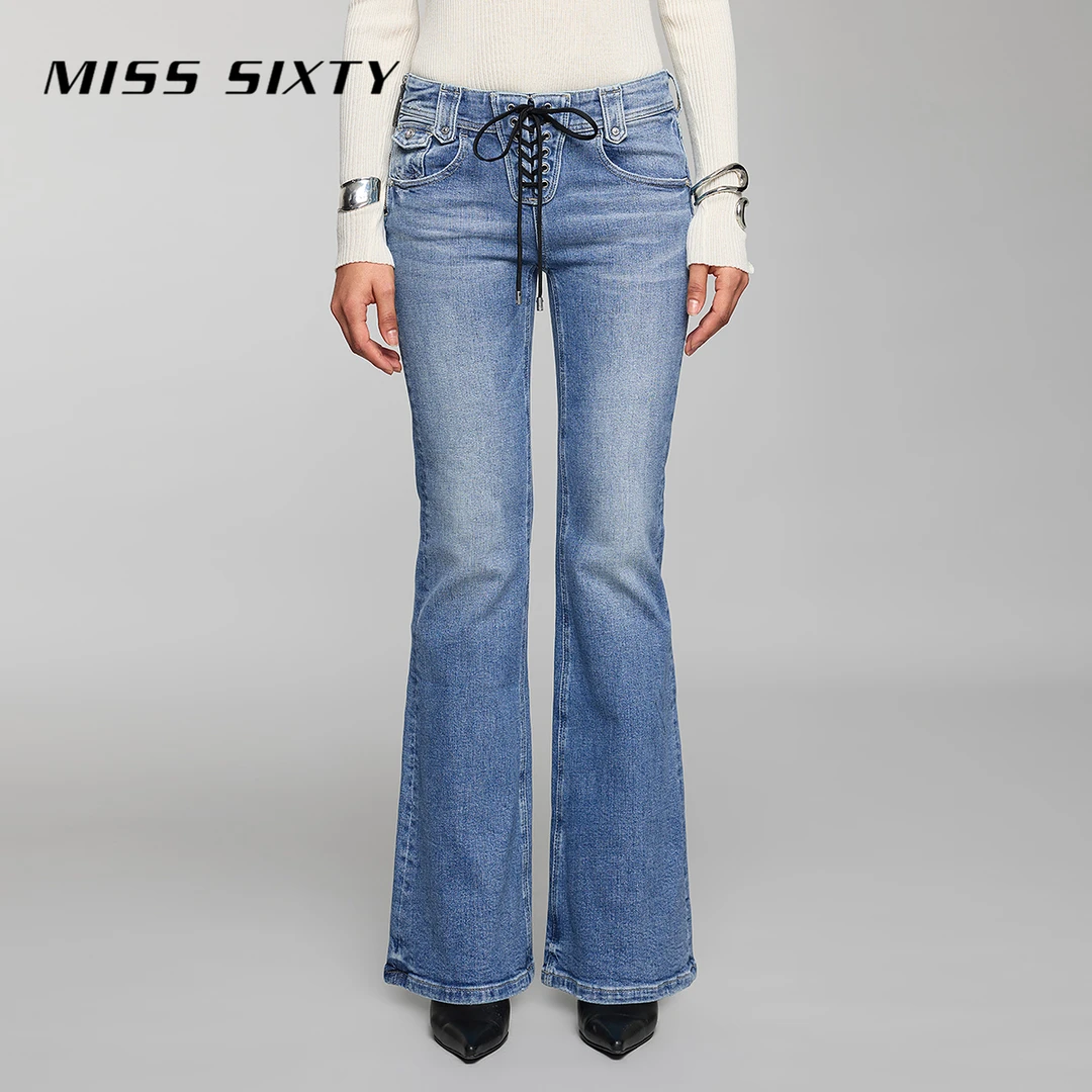 【进口牛仔面料】Miss Sixty牛仔裤女低腰微喇裤复古修身绑带