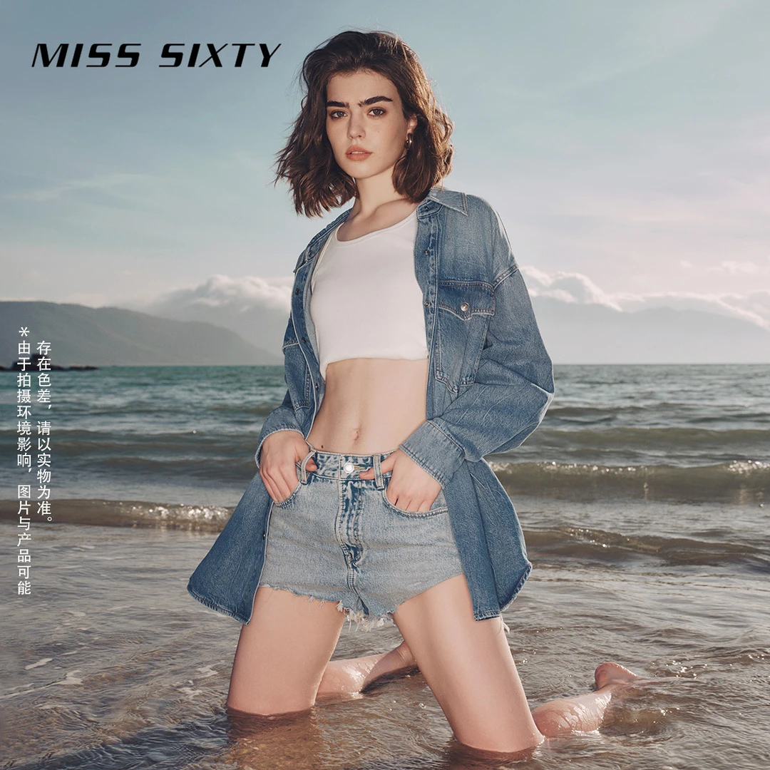 Miss Sixty春季新款牛仔衬衫女长袖翻领高街帅气美式复古百搭