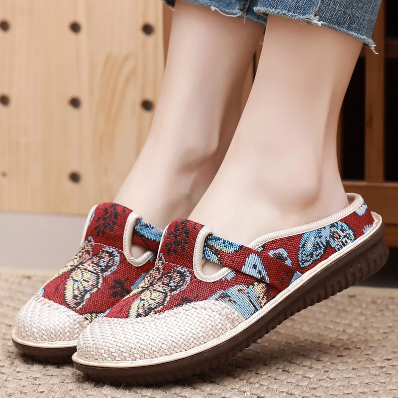 绣花拖鞋妈妈鞋绣花老北京布鞋包头夏季平底民族风软底中老年外穿