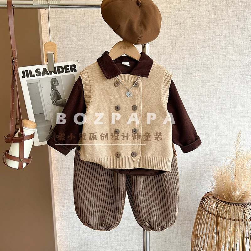 【秋日恋岛】双排扣针织马甲双排扣坎肩男童2025春季新款毛衣套装