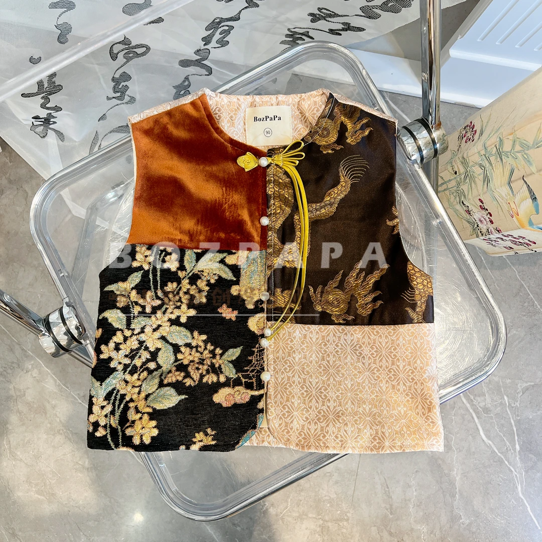 【琉璃影】新中式2025春季儿童刺绣拼接珍珠提花重工龙须扣马甲