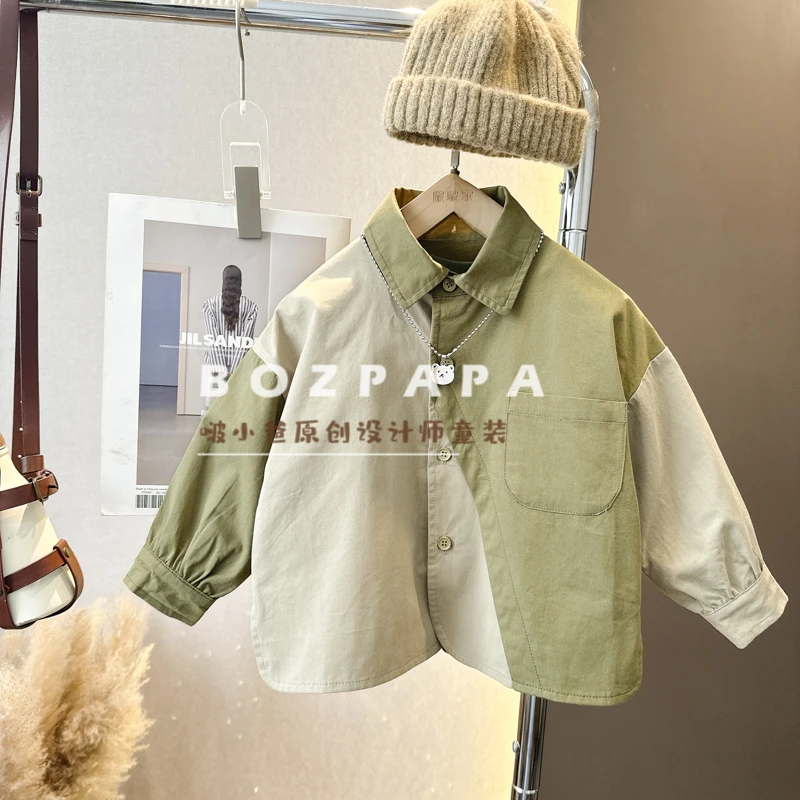 现货【抹茶慕斯】水洗棉拼色韩版百搭舒适休闲儿童男宝宝春秋季衬衫