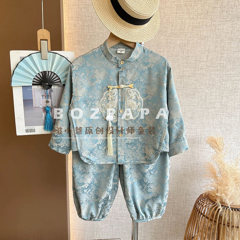 【一载悠悠】新中式套装男童2025新款国风刺绣国潮两件套汉服套装