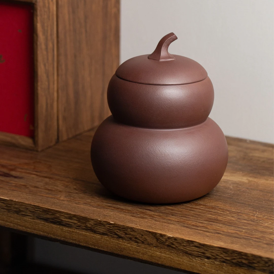 【葫芦茶叶罐】家用陶瓷全手工紫泥醒茶罐可装约7两纯手工高档带盖