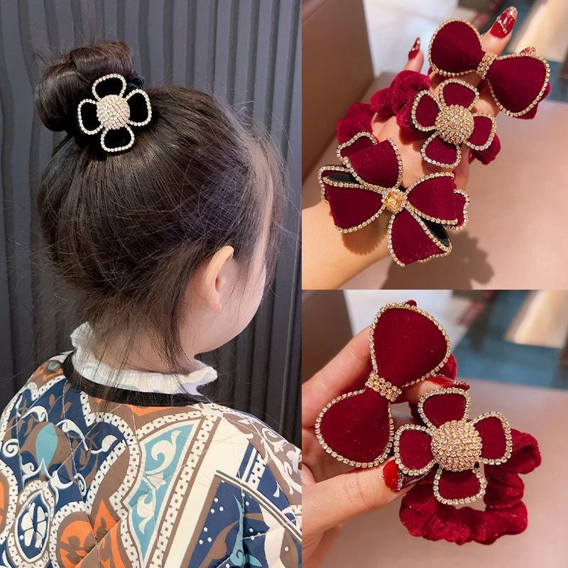 女童新年发绳发饰儿童蝴蝶结头绳红色丝绒水钻发圈品女孩