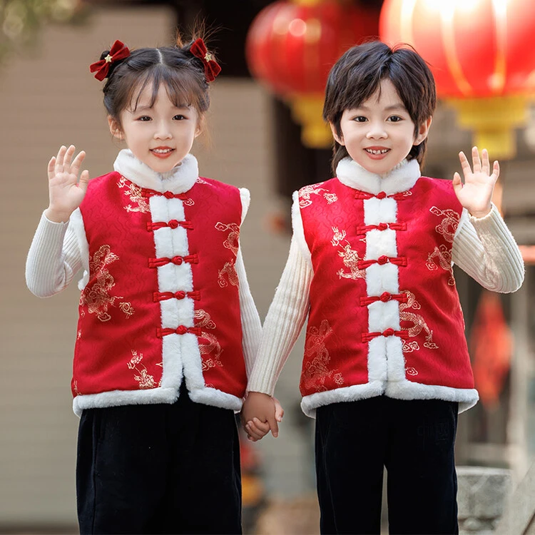 男童国风马甲冬季女童加厚绒中国风坎肩宝宝喜庆龙年儿童百搭马甲