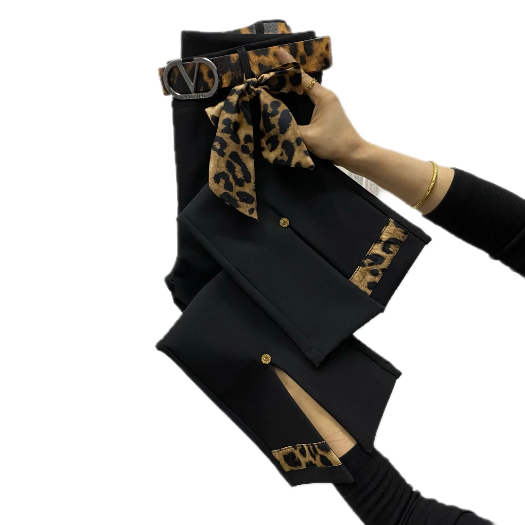 683款弹力时装微喇裤2024新款高腰显瘦裤脚前开叉潮流百搭九分裤