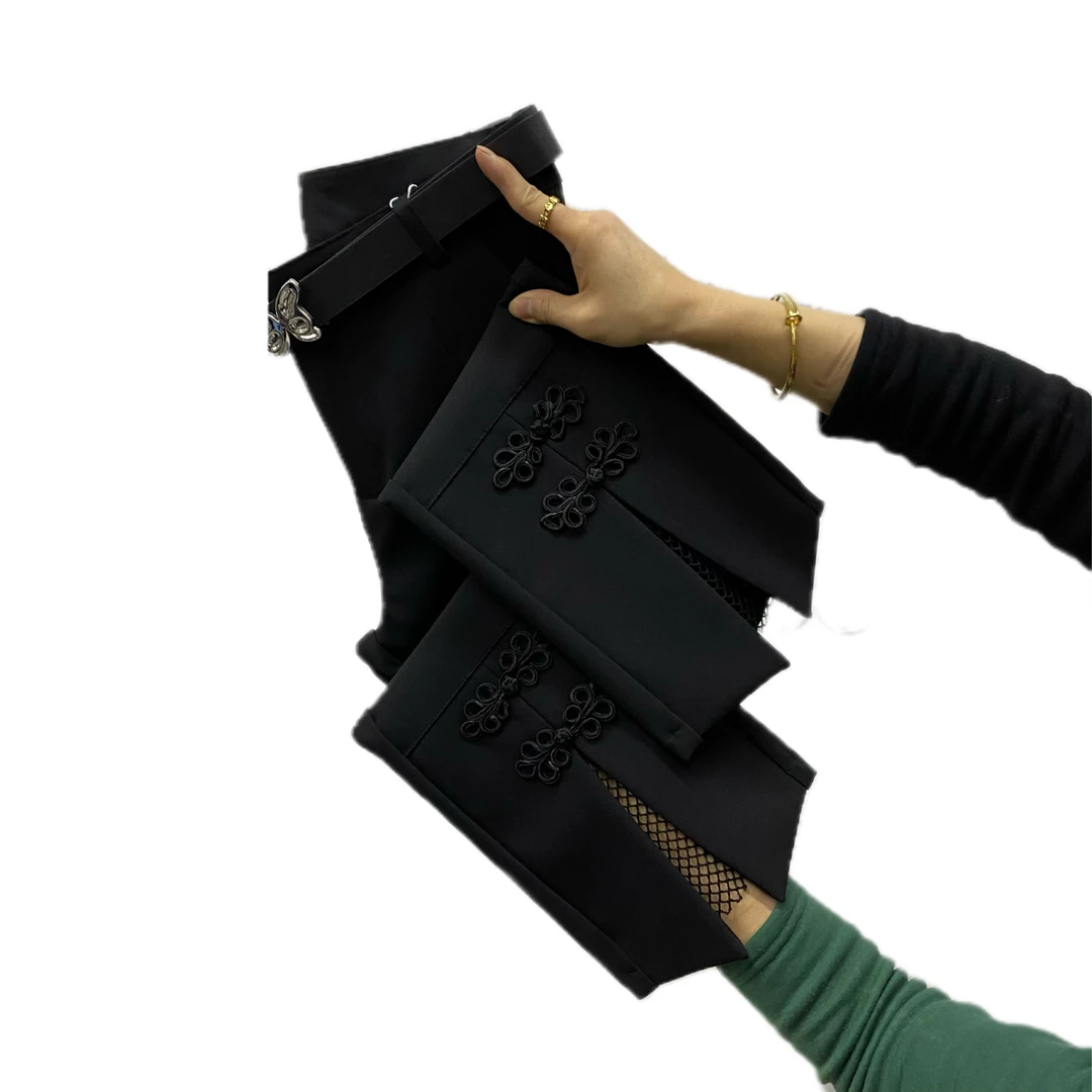 2036款弹力时装微喇裤2024新款高腰显瘦盘扣九分喇叭裤